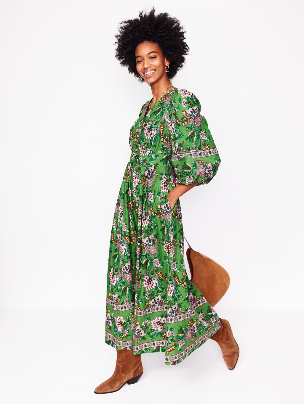 Boden Lola Blouson Green Botanica Terrace Floral Maxi Dress